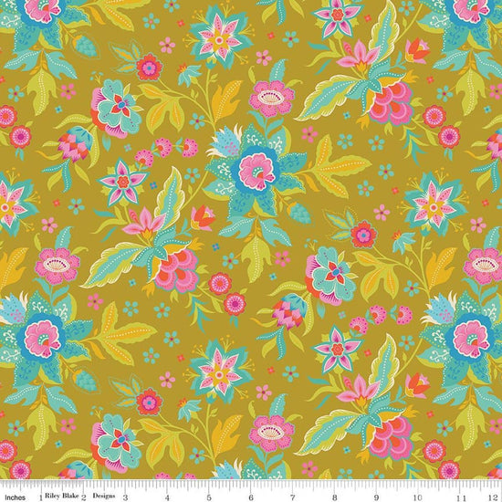 Image of Kipling Gardens Main Curry quilting cotton fabric by Lily Ashbury for Riley Blake Designs. Features flowers on a yellow background. Cute Little Fabric Shop.