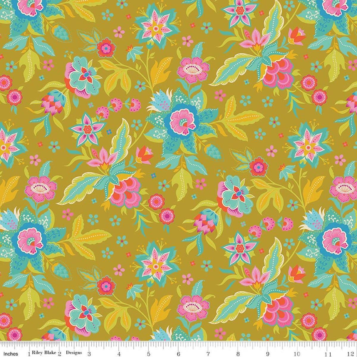 Image of Kipling Gardens Main Curry quilting cotton fabric by Lily Ashbury for Riley Blake Designs. Features flowers on a yellow background. Cute Little Fabric Shop.