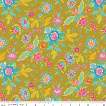 Image of Kipling Gardens Main Curry quilting cotton fabric by Lily Ashbury for Riley Blake Designs. Features flowers on a yellow background. Cute Little Fabric Shop.