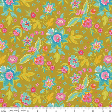 Image of Kipling Gardens Main Curry quilting cotton fabric by Lily Ashbury for Riley Blake Designs. Features flowers on a yellow background. Cute Little Fabric Shop.