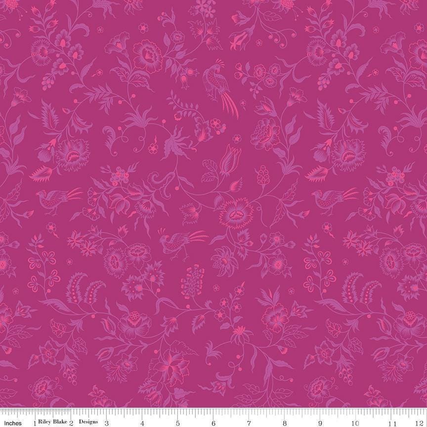Image of Kipling Gardens Haviland Fuschia quilting cotton fabric by Lily Ashbury for Riley Blake Designs. Features flowers on a purple background. Cute Little Fabric Shop.