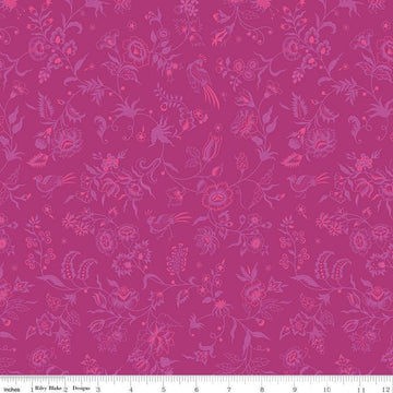 Image of Kipling Gardens Haviland Fuschia quilting cotton fabric by Lily Ashbury for Riley Blake Designs. Features flowers on a purple background. Cute Little Fabric Shop.