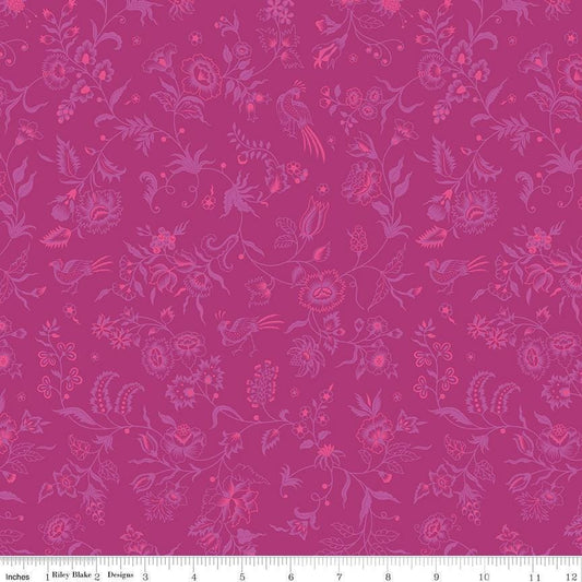 Image of Kipling Gardens Haviland Fuschia quilting cotton fabric by Lily Ashbury for Riley Blake Designs. Features flowers on a purple background. Cute Little Fabric Shop.
