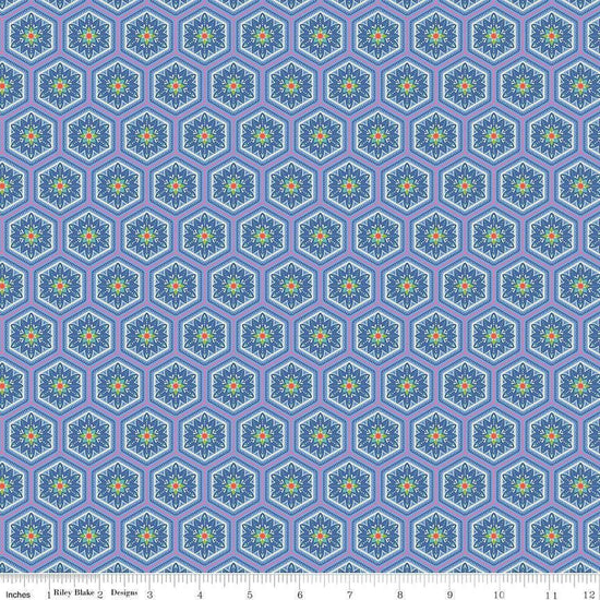 Image of Kipling Gardens Everly Blueberry quilting cotton fabric by Lily Ashbury for Riley Blake Designs. Features flowers on a blue background. Cute Little Fabric Shop.