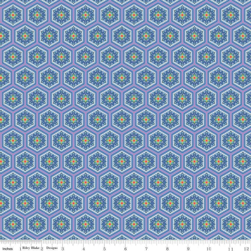 Image of Kipling Gardens Everly Blueberry quilting cotton fabric by Lily Ashbury for Riley Blake Designs. Features flowers on a blue background. Cute Little Fabric Shop.