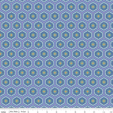 Image of Kipling Gardens Everly Blueberry quilting cotton fabric by Lily Ashbury for Riley Blake Designs. Features flowers on a blue background. Cute Little Fabric Shop.
