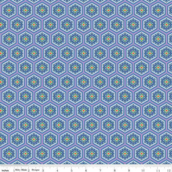 Image of Kipling Gardens Everly Blueberry quilting cotton fabric by Lily Ashbury for Riley Blake Designs. Features flowers on a blue background. Cute Little Fabric Shop.