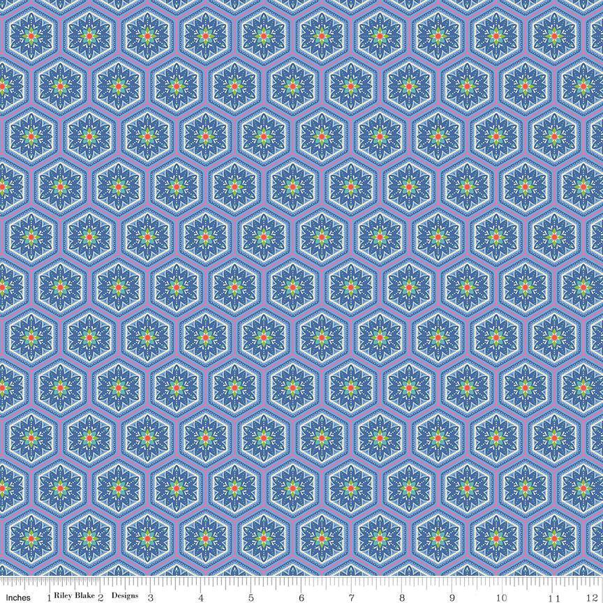 Image of Kipling Gardens Everly Blueberry quilting cotton fabric by Lily Ashbury for Riley Blake Designs. Features flowers on a blue background. Cute Little Fabric Shop.