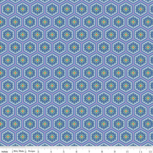 Image of Kipling Gardens Everly Blueberry quilting cotton fabric by Lily Ashbury for Riley Blake Designs. Features flowers on a blue background. Cute Little Fabric Shop.