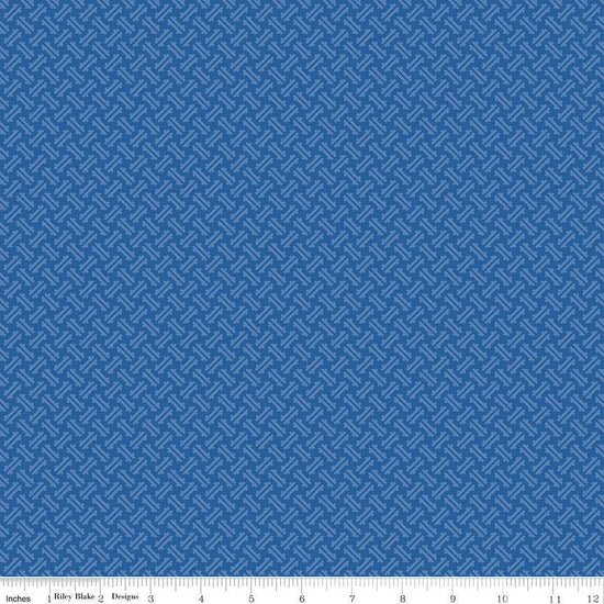 Image of Kipling Gardens Loxley Blueberry quilting cotton fabric by Lily Ashbury for Riley Blake Designs. Features a geometric pattern on a blue background. Cute Little Fabric Shop.