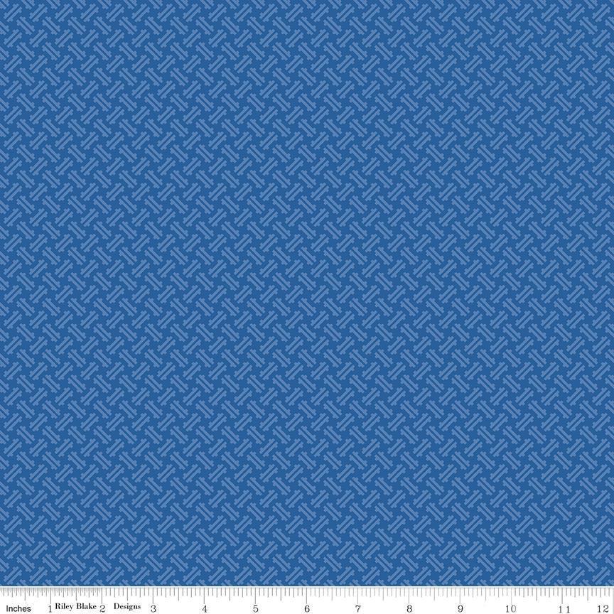 Image of Kipling Gardens Loxley Blueberry quilting cotton fabric by Lily Ashbury for Riley Blake Designs. Features a geometric pattern on a blue background. Cute Little Fabric Shop.