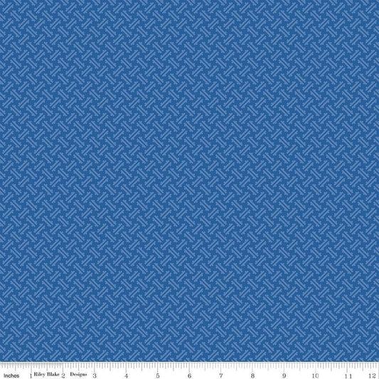 Image of Kipling Gardens Loxley Blueberry quilting cotton fabric by Lily Ashbury for Riley Blake Designs. Features a geometric pattern on a blue background. Cute Little Fabric Shop.