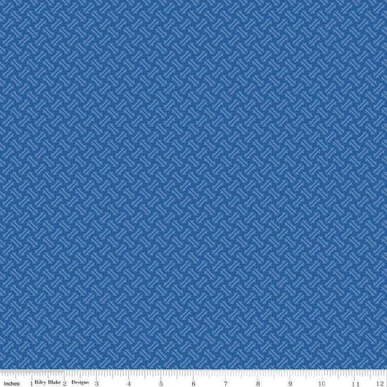 Image of Kipling Gardens Loxley Blueberry quilting cotton fabric by Lily Ashbury for Riley Blake Designs. Features a geometric pattern on a blue background. Cute Little Fabric Shop.