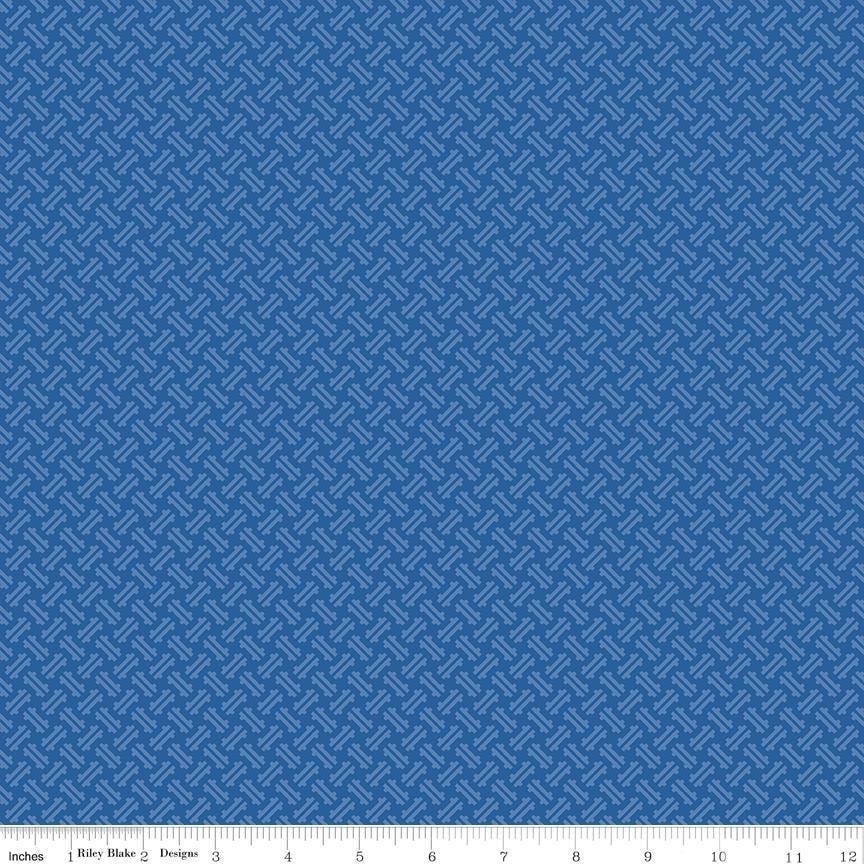 Image of Kipling Gardens Loxley Blueberry quilting cotton fabric by Lily Ashbury for Riley Blake Designs. Features a geometric pattern on a blue background. Cute Little Fabric Shop.
