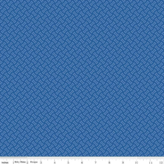 Image of Kipling Gardens Loxley Blueberry quilting cotton fabric by Lily Ashbury for Riley Blake Designs. Features a geometric pattern on a blue background. Cute Little Fabric Shop.