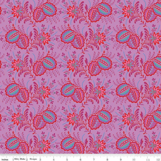 Image of Kipling Gardens Pemberly Violet quilting cotton fabric by Lily Ashbury for Riley Blake Designs. Features flowers on a purple background. Cute Little Fabric Shop.