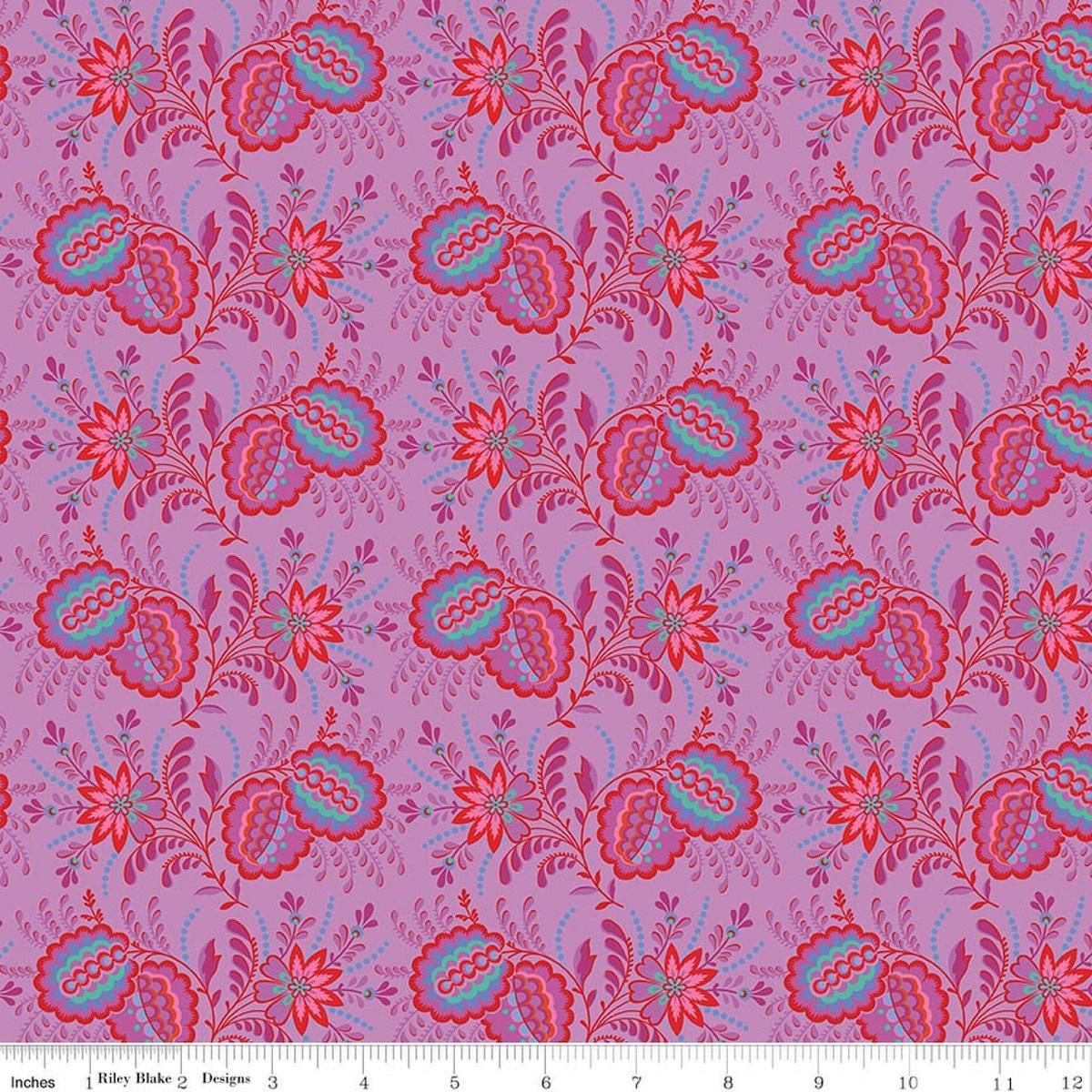 Image of Kipling Gardens Pemberly Violet quilting cotton fabric by Lily Ashbury for Riley Blake Designs. Features flowers on a purple background. Cute Little Fabric Shop.