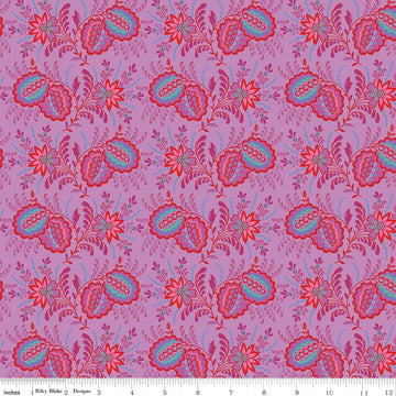 Image of Kipling Gardens Pemberly Violet quilting cotton fabric by Lily Ashbury for Riley Blake Designs. Features flowers on a purple background. Cute Little Fabric Shop.