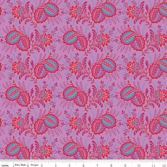Image of Kipling Gardens Pemberly Violet quilting cotton fabric by Lily Ashbury for Riley Blake Designs. Features flowers on a purple background. Cute Little Fabric Shop.