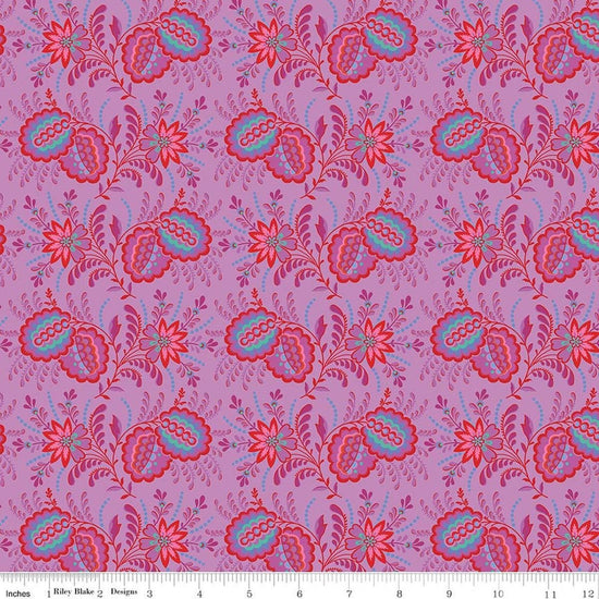 Image of Kipling Gardens Pemberly Violet quilting cotton fabric by Lily Ashbury for Riley Blake Designs. Features flowers on a purple background. Cute Little Fabric Shop.