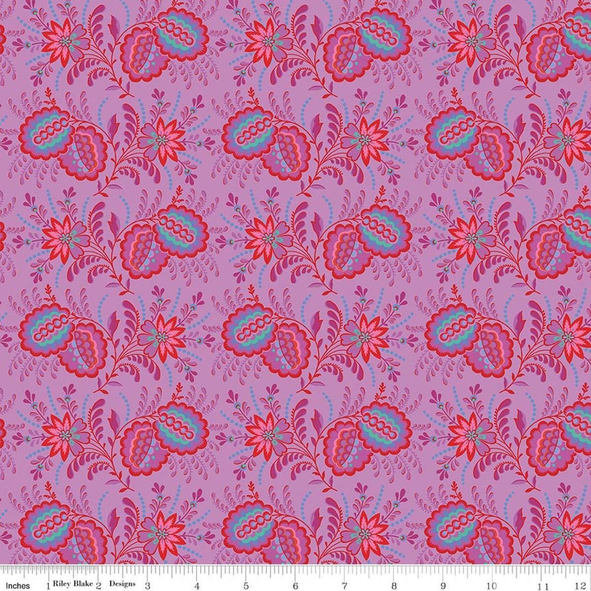 Image of Kipling Gardens Pemberly Violet quilting cotton fabric by Lily Ashbury for Riley Blake Designs. Features flowers on a purple background. Cute Little Fabric Shop.