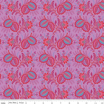 Image of Kipling Gardens Pemberly Violet quilting cotton fabric by Lily Ashbury for Riley Blake Designs. Features flowers on a purple background. Cute Little Fabric Shop.