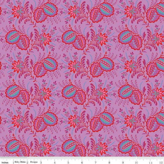 Image of Kipling Gardens Pemberly Violet quilting cotton fabric by Lily Ashbury for Riley Blake Designs. Features flowers on a purple background. Cute Little Fabric Shop.