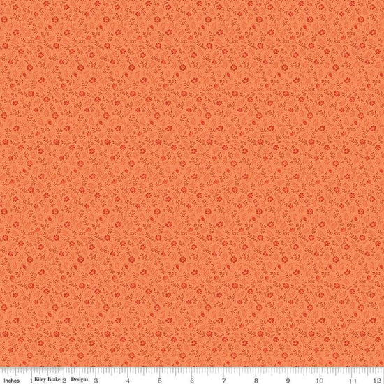 Image of Kipling Gardens Ellington Orange quilting cotton fabric by Lily Ashbury for Riley Blake Designs. Features flowers on an orange background. Cute Little Fabric Shop.