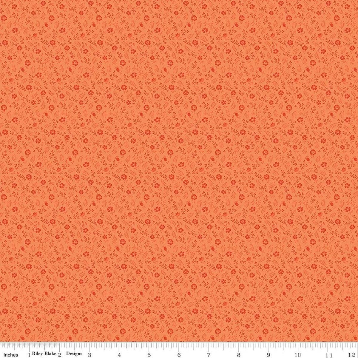 Image of Kipling Gardens Ellington Orange quilting cotton fabric by Lily Ashbury for Riley Blake Designs. Features flowers on an orange background. Cute Little Fabric Shop.