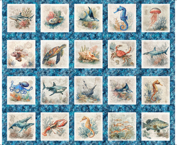 Nauticus Sea Creatures Picture Patches Ocean Blue Panel Ocean Life Fabric - 32050 - QT Fabrics Quilting Cotton Fabric