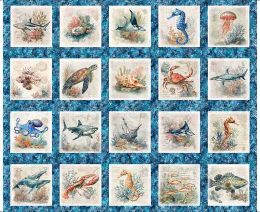 Nauticus Sea Creatures Picture Patches Ocean Blue Panel Ocean Life Fabric - 32050 - QT Fabrics Quilting Cotton Fabric