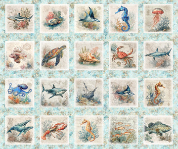 Nauticus Sea Creatures Picture Patches Light Aqua Blue Panel Ocean Life Fabric - 32050 - QT Fabrics Quilting Cotton Fabric