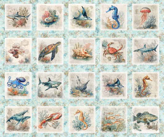 Nauticus Sea Creatures Picture Patches Light Aqua Blue Panel Ocean Life Fabric - 32050 - QT Fabrics Quilting Cotton Fabric