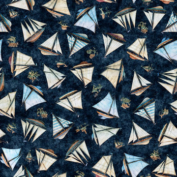 Image of Nauticus Ship Toss Dark Navy quilting cotton fabric by Morris Creative Group for QT Fabrics. Features boats on a blue background. Cute Little Fabric Shop.