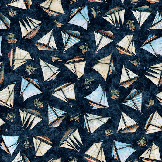 Image of Nauticus Ship Toss Dark Navy quilting cotton fabric by Morris Creative Group for QT Fabrics. Features boats on a blue background. Cute Little Fabric Shop.