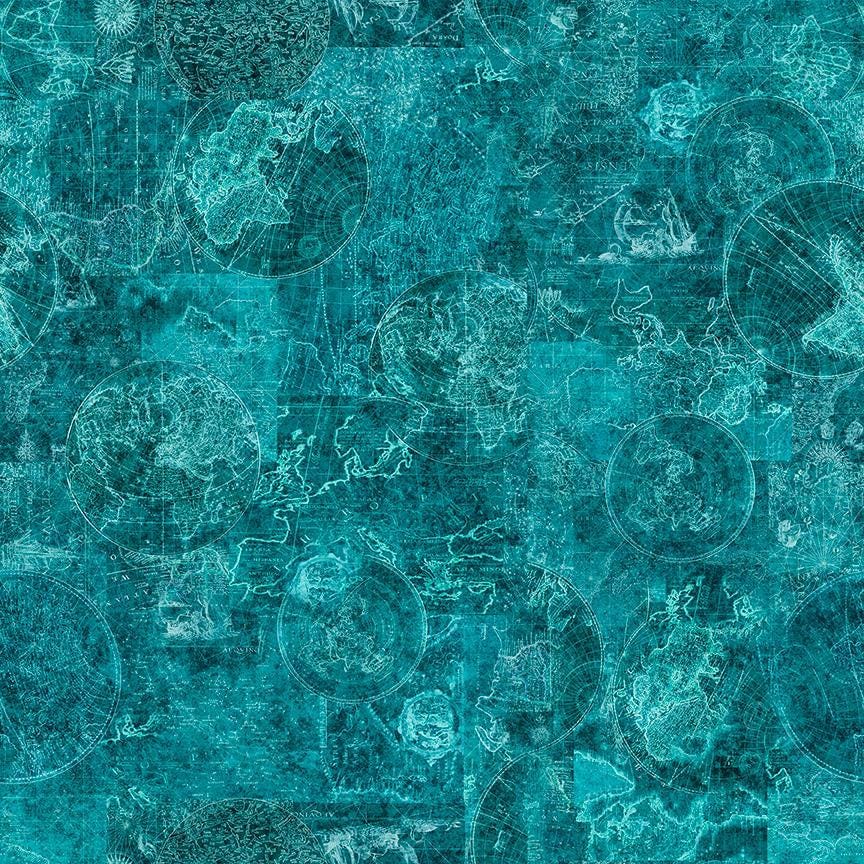 Image of Nauticus Map Tonal Dark Turquoise quilting cotton fabric by Morris Creative Group for QT Fabrics. Features tone-on-tone map on a blue background. Cute Little Fabric Shop.