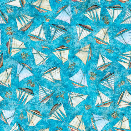 Image of Nauticus Ship Toss Blue quilting cotton fabric by Morris Creative Group for QT Fabrics. Features boats on a blue background. Cute Little Fabric Shop.