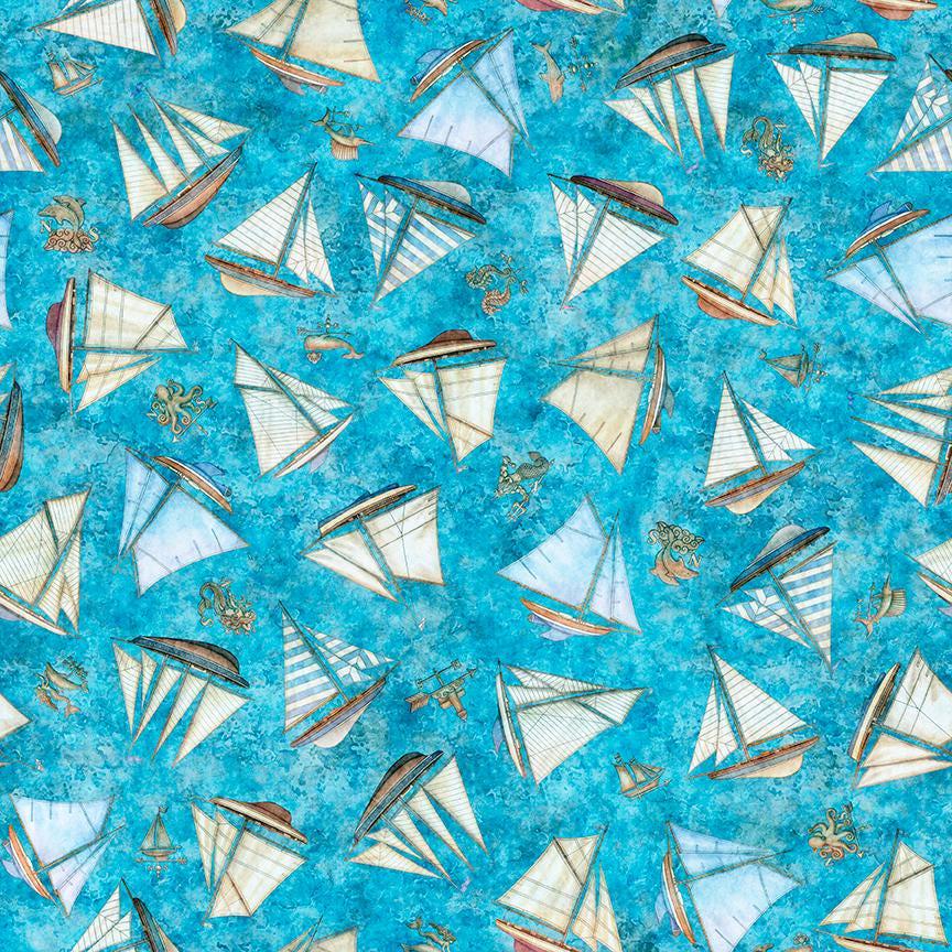 Image of Nauticus Ship Toss Blue quilting cotton fabric by Morris Creative Group for QT Fabrics. Features boats on a blue background. Cute Little Fabric Shop.