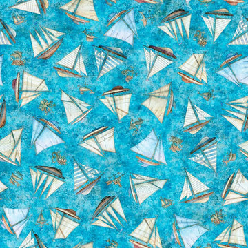 Image of Nauticus Ship Toss Blue quilting cotton fabric by Morris Creative Group for QT Fabrics. Features boats on a blue background. Cute Little Fabric Shop.