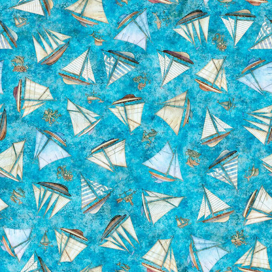 Image of Nauticus Ship Toss Blue quilting cotton fabric by Morris Creative Group for QT Fabrics. Features boats on a blue background. Cute Little Fabric Shop.