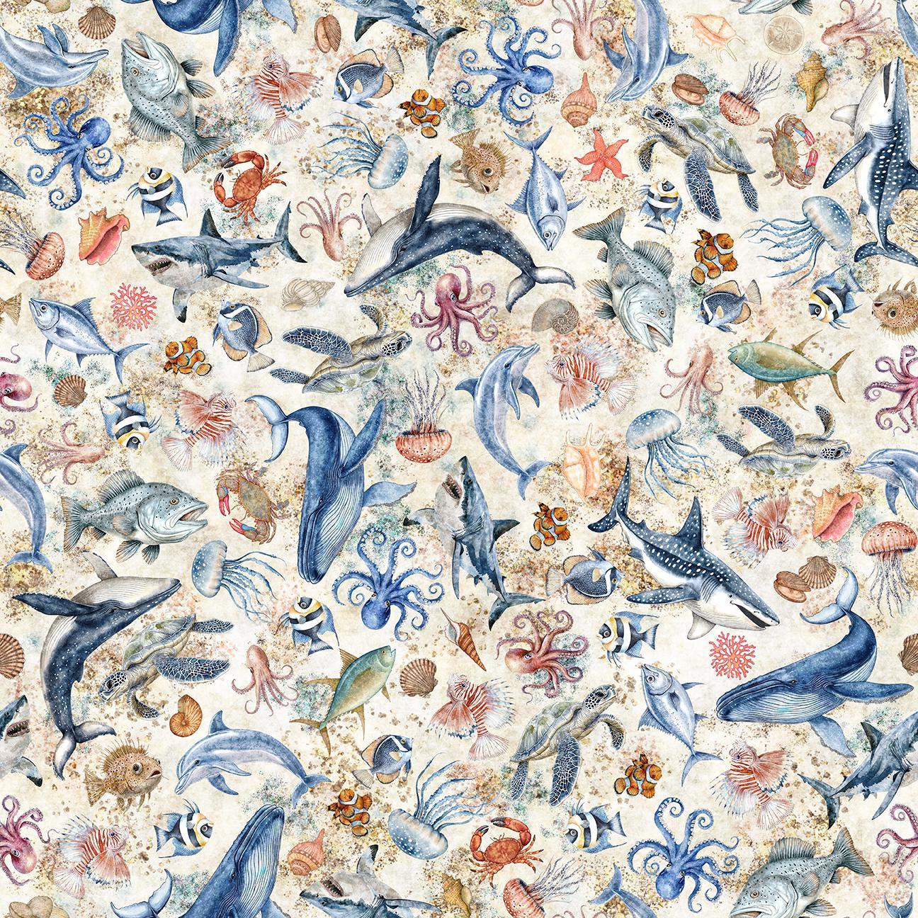 Image of Nauticus Sea Creatures Cream quilting cotton fabric by Morris Creative Group for QT Fabrics. Features ocean animals on a cream background. Cute Little Fabric Shop.