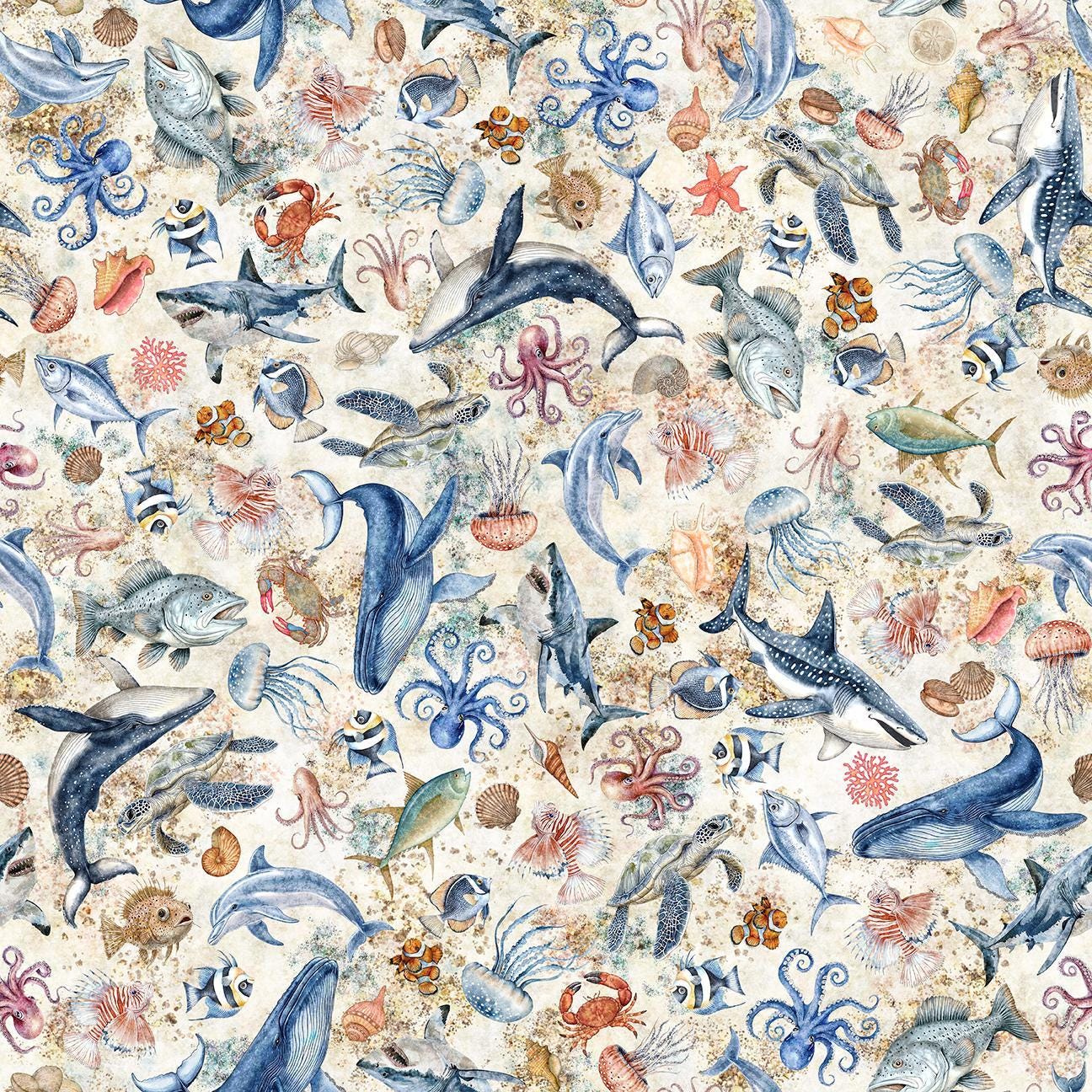 Image of Nauticus Sea Creatures Cream quilting cotton fabric by Morris Creative Group for QT Fabrics. Features ocean animals on a cream background. Cute Little Fabric Shop.