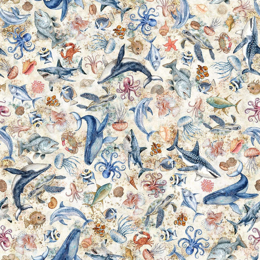 Image of Nauticus Sea Creatures Cream quilting cotton fabric by Morris Creative Group for QT Fabrics. Features ocean animals on a cream background. Cute Little Fabric Shop.