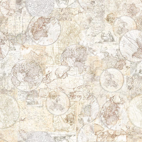 Image of Nauticus Map Tonal Birch quilting cotton fabric by Morris Creative Group for QT Fabrics. Features tone-on-tone map on a cream background. Cute Little Fabric Shop.