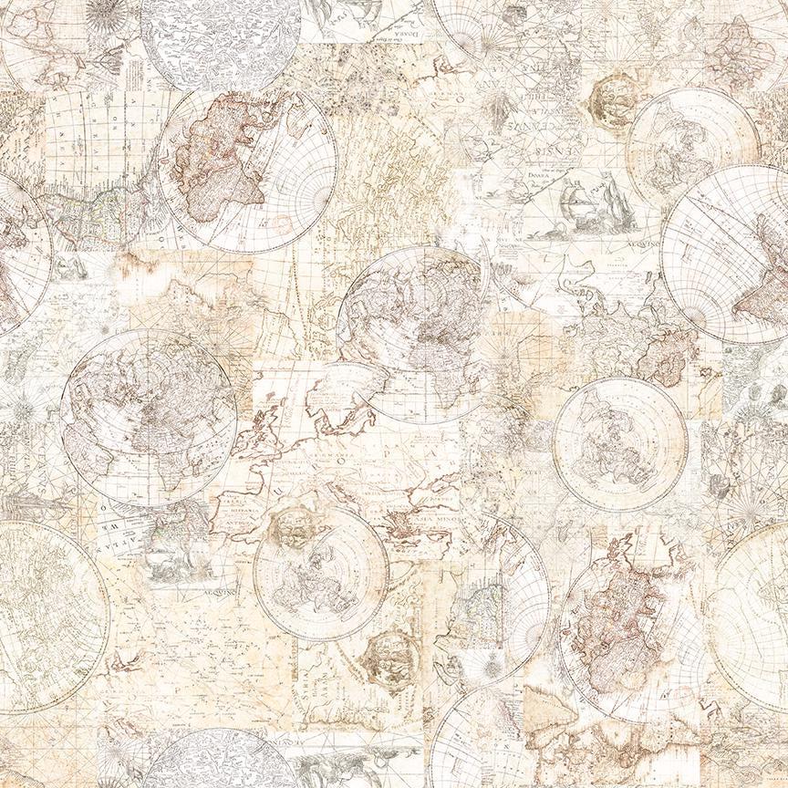 Image of Nauticus Map Tonal Birch quilting cotton fabric by Morris Creative Group for QT Fabrics. Features tone-on-tone map on a cream background. Cute Little Fabric Shop.