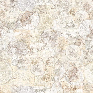 Image of Nauticus Map Tonal Birch quilting cotton fabric by Morris Creative Group for QT Fabrics. Features tone-on-tone map on a cream background. Cute Little Fabric Shop.