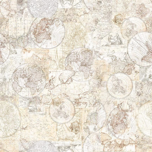 Image of Nauticus Map Tonal Birch quilting cotton fabric by Morris Creative Group for QT Fabrics. Features tone-on-tone map on a cream background. Cute Little Fabric Shop.