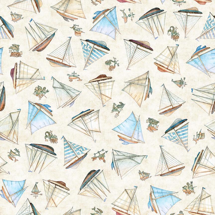 Image of Nauticus Ship Toss Cream quilting cotton fabric by Morris Creative Group for QT Fabrics. Features boats on a cream background. Cute Little Fabric Shop.