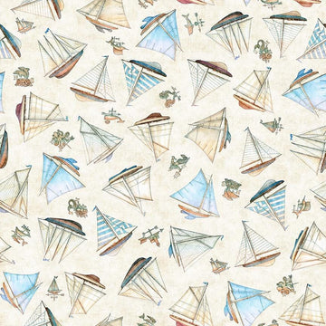 Image of Nauticus Ship Toss Cream quilting cotton fabric by Morris Creative Group for QT Fabrics. Features boats on a cream background. Cute Little Fabric Shop.