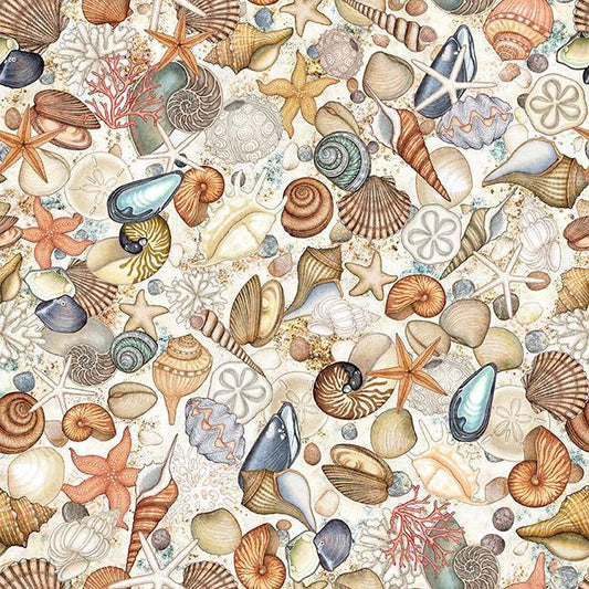 Image of Nauticus Shells Cream quilting cotton fabric by Morris Creative Group for QT Fabrics. Features seashells on a cream background. Cute Little Fabric Shop.